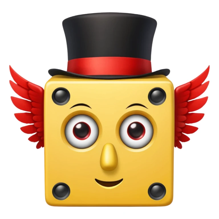 yellow lucky block, with 2 red question marks for the pupils inside the eyes, wings, and a red top hat, and has the :3 face  sticker