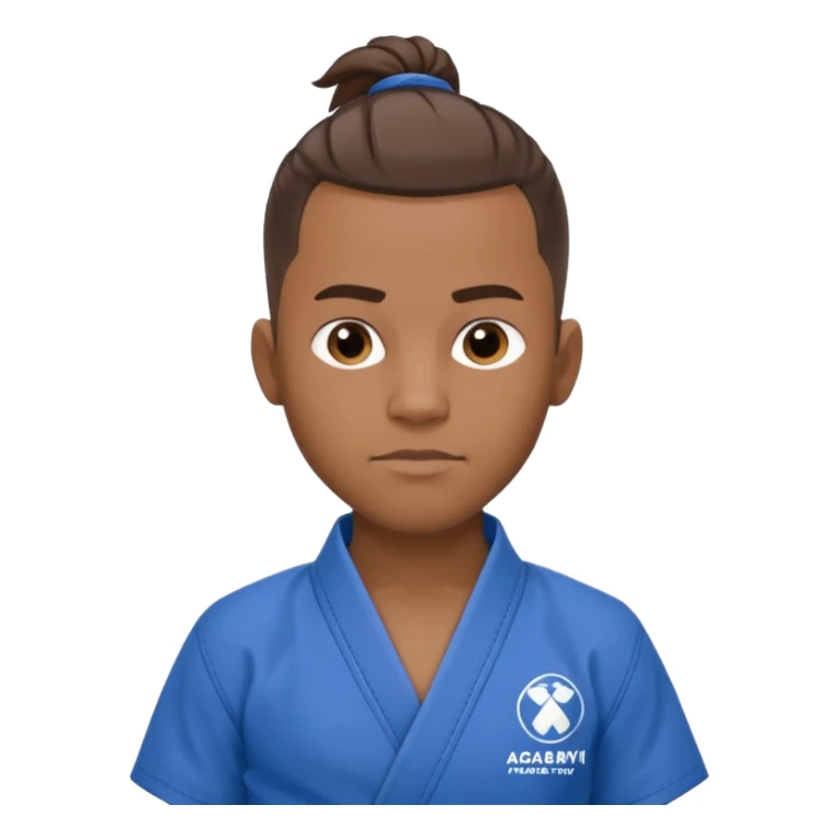 black karate instructor with ponytail and a low taper haircut, and a small fade on the sides with a blue belt and roger Gracie academy logo on the gi sticker