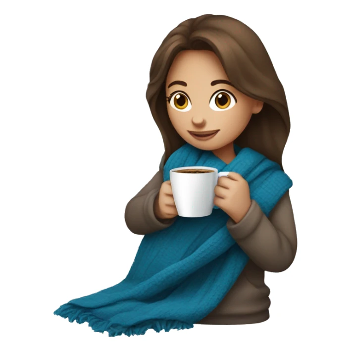 Brown hair Girl drinking coffee, with a blue cozy blanket sticker