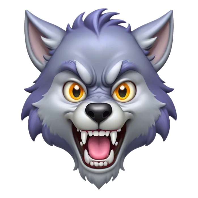 Cinematic Comical Werewolf Portrait Emoji, with a whimsically exaggerated lupine face in vivid moonlit grays and silvers, head cocked in a dramatically shocked expression with comically oversized, wide eyes and a playful snarl, simplified yet hilariously expressive, highly detailed with a soft cartoonish glowing outline capturing the mischievous humor of a werewolf mid-transformation! sticker