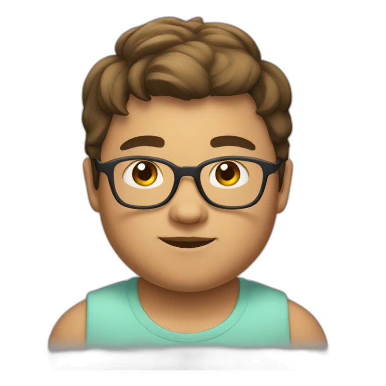 a young fat boy with brown short hair and a transparent glasses sticker