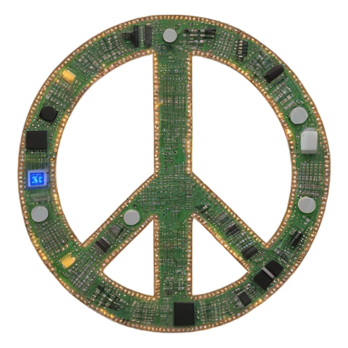 A peace sign made out of circuits like a circuit board sticker