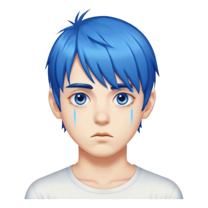 A boy with highly saturated blue hair, bangs above his eyebrows, and double eyelids sticker