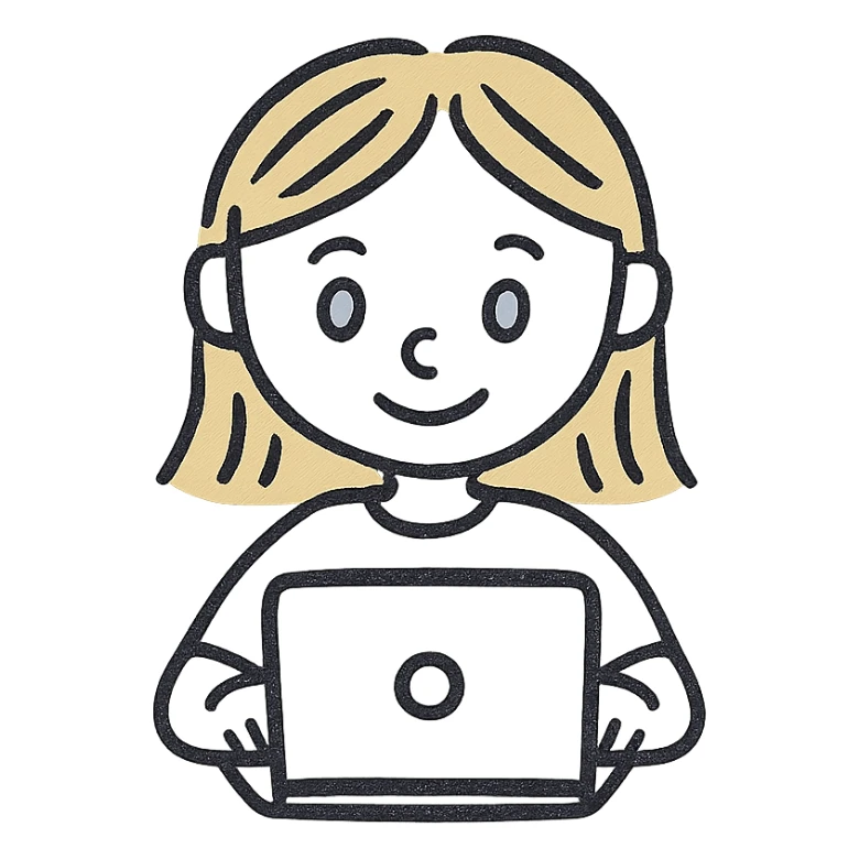 Blonde girl with blue eyes working on a laptop sticker