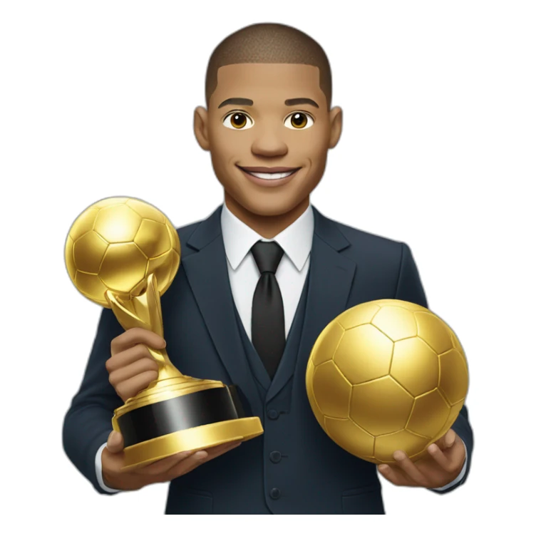 Mbappé in suit and tie with the Golden Ball trophy winner sticker