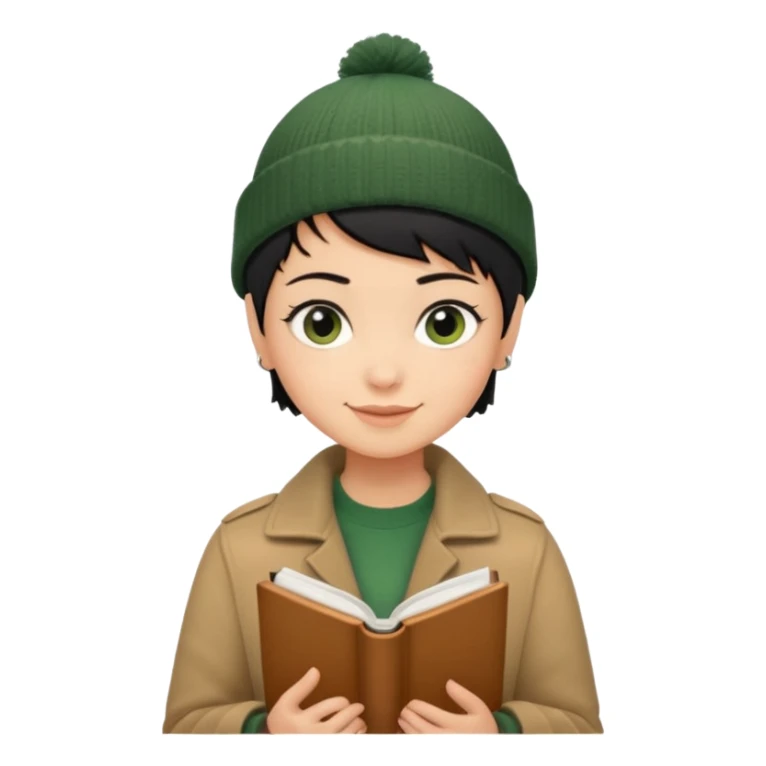 tan skin, non binary adult with pixie cut black hair, narrow eyes, wearing brown jacket and dark green beanie, shy smile , holding up  book  sticker