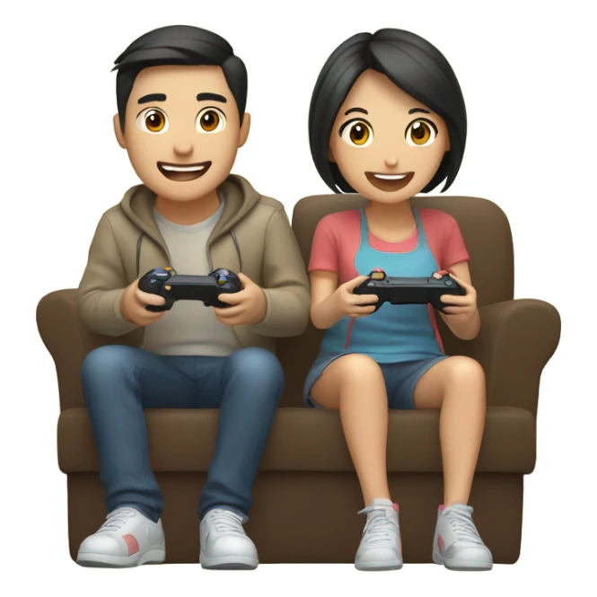Cute asian couple excitedly playing video games sticker