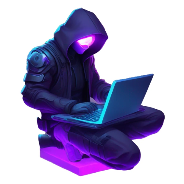 Side view developer behind his laptop with this style : crysis Cyberpunk Valorant neon glowing bright purple character purple violet black hooded assassin themed character sticker