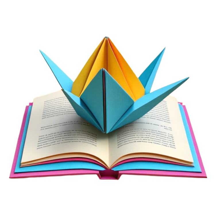 3D render of Pop-Up Book entirely of folded origami paper, sharp creases, cardboard texture, matte finish, visible paper grain, craft aesthetic, sticker