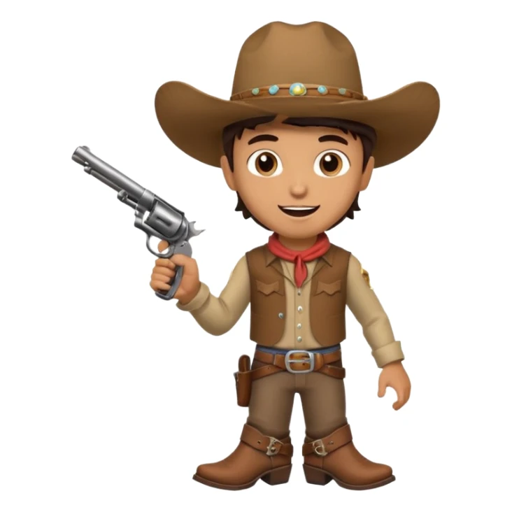 A young cowboy with oversized boots, excited expression, and a tiny toy revolver.
 sticker