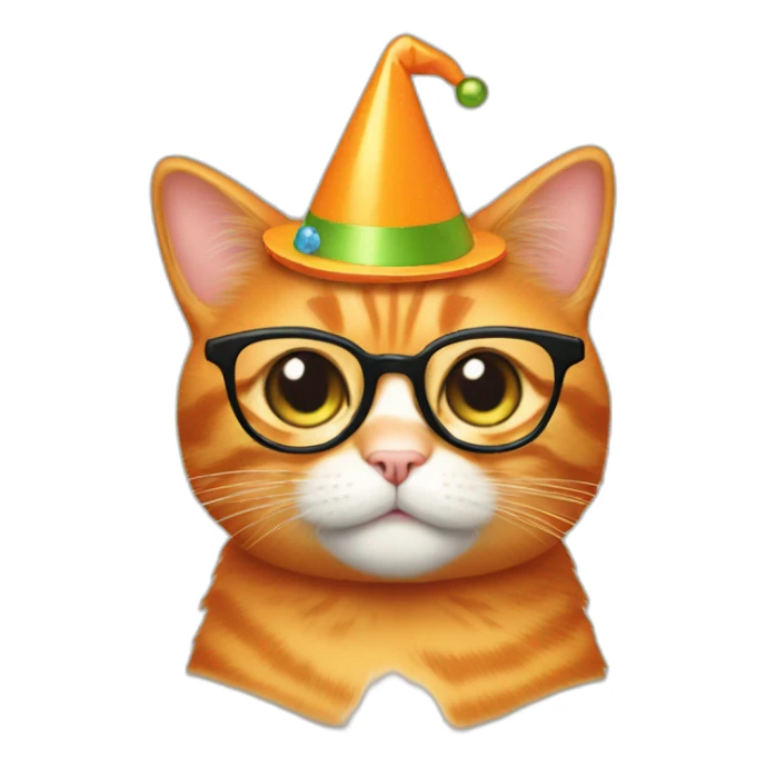 A pregnant orange cat with specs and party hat sticker