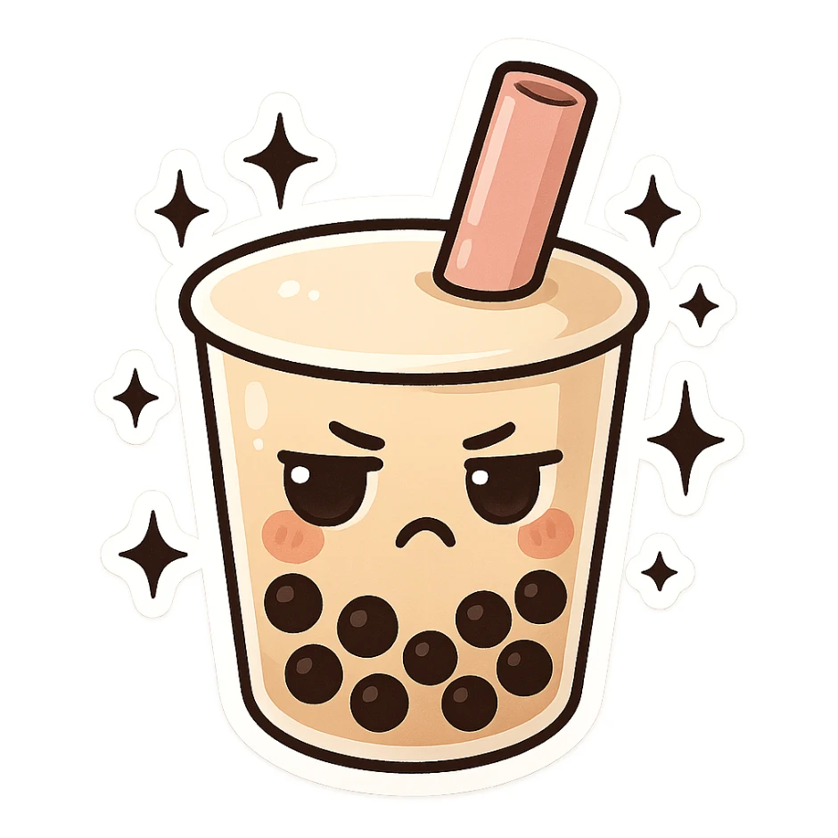 chibi sticker-style bubble tea with black sparkles and a moody expression, cute and exaggerated sticker