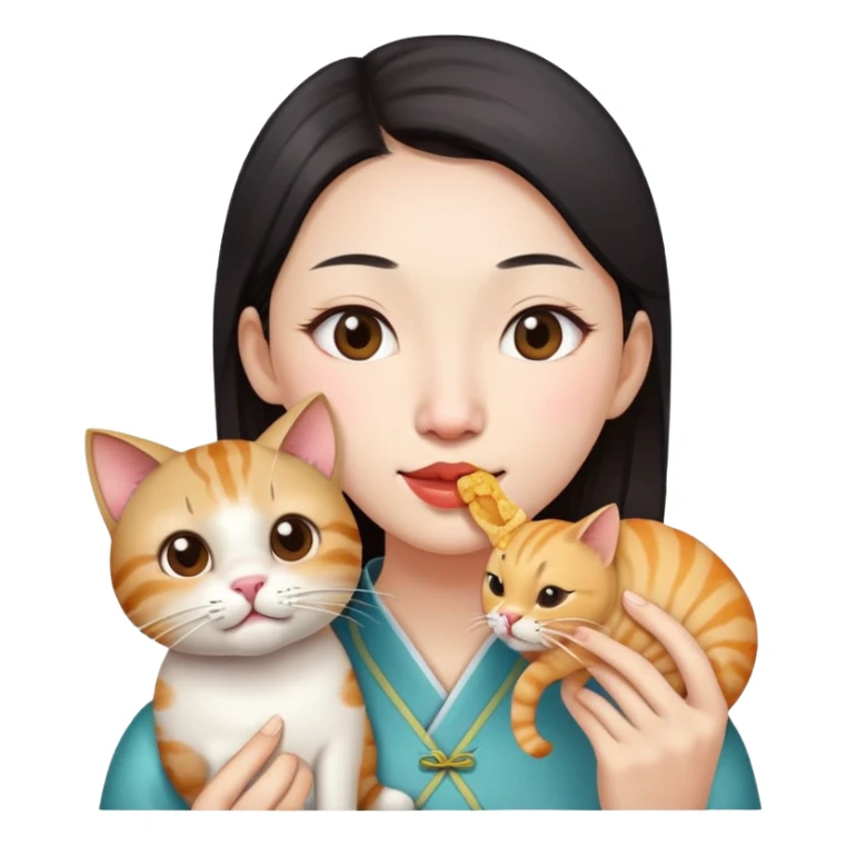 An chinese woman with a big nose, eating a cat sticker