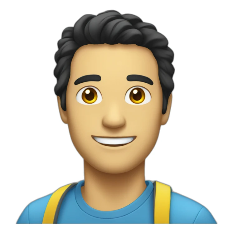 man with black hair and just smile with blue and yellow closher sticker