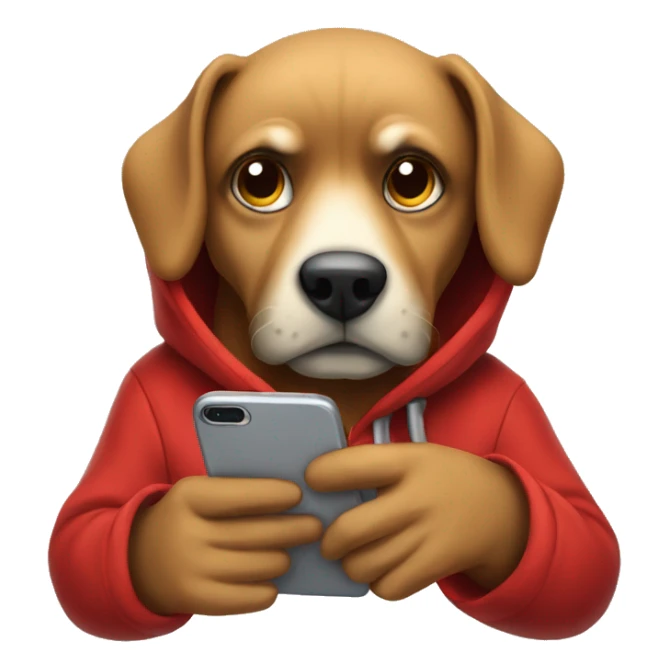 A moody looking dog looking down at his phone wearing a red hoodie  sticker