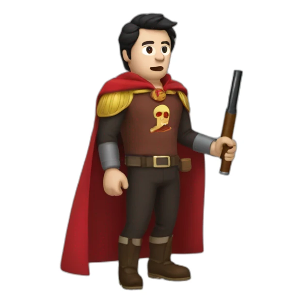 dark-haired man drunk with a cigar a big shotgun and a red cape sticker