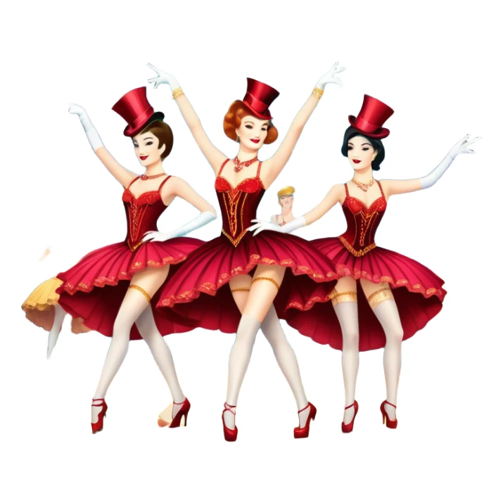 A vintage movie poster-style design inspired by Moulin Rouge. Include glamorous cabaret dancers in extravagant costumes, a colorful stage, sparkling lights, and a sense of drama. The atmosphere should be vibrant, with musical notes in the air. Retro cinematic style. Transparent background. sticker