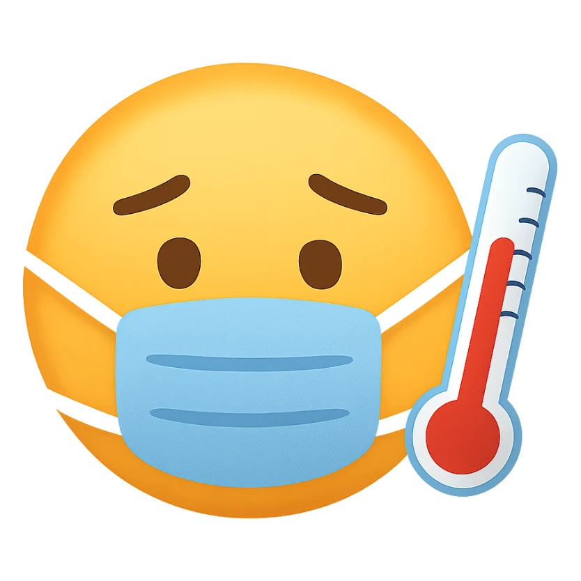 face with blue mask and thermometer emoji, digital illustration, no background sticker