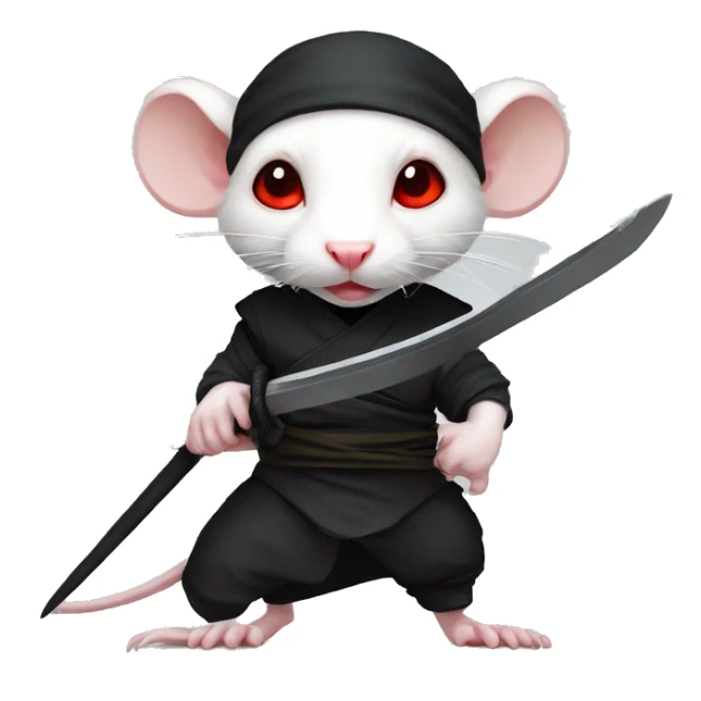 Albino rat red eyes wearing a headband, black ninja costume, dramatic pose, holding sword sticker