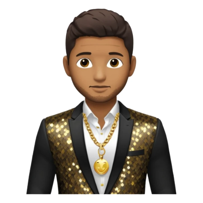 Usher with dark brown hair, black sequin suit jacket, shirtless with necklace sticker