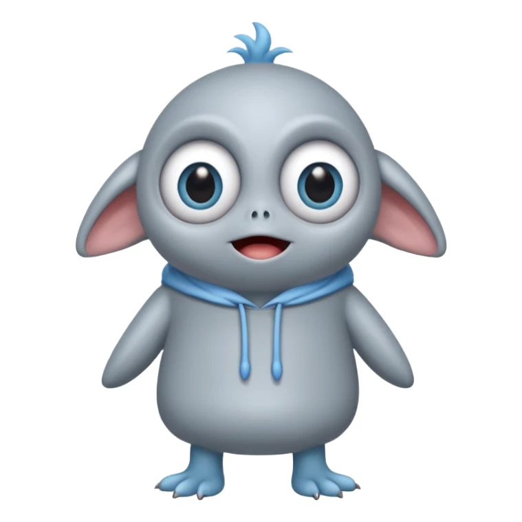 ..it has 1 eye....stands upright ...wears clothing. is light grey and light blue..looks happy and cuddly... doesnt have a full head.... there is a appendage coming out of top of body with a single large eye sticker