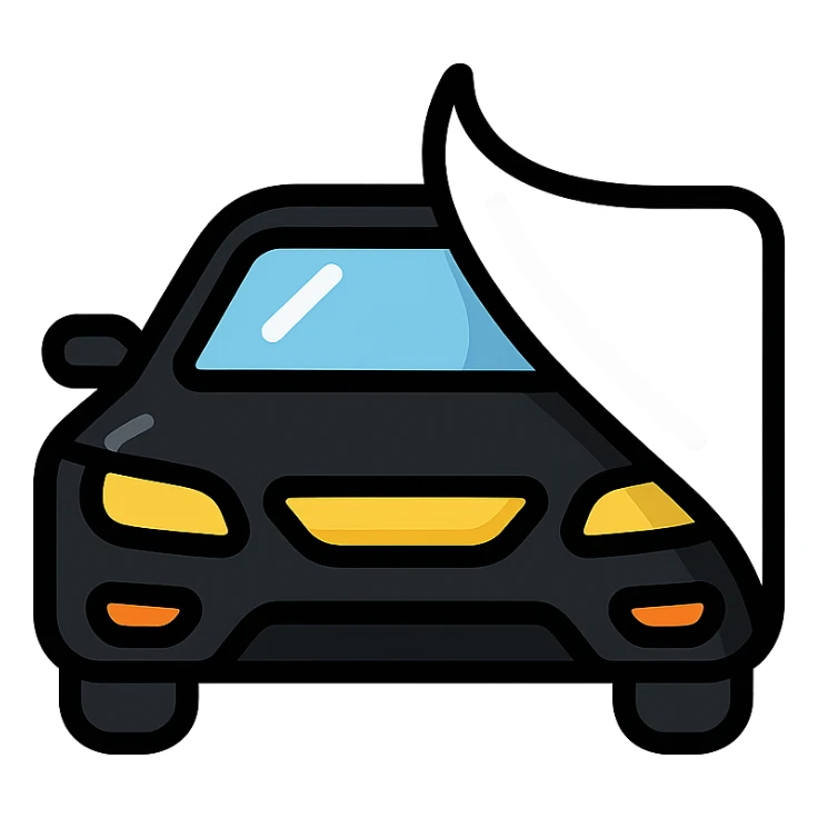 high-end black car icon partially covered by a rolled transparent or light gray film with curved adhesion effect, glossy black main color, modern and clean style, no text sticker