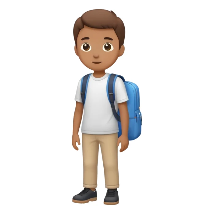 A flat-style illustration of a student character standing upright, wearing a backpack and casual school clothes. Clean, minimal cartoon style, white background, iOS emoji aesthetic. sticker