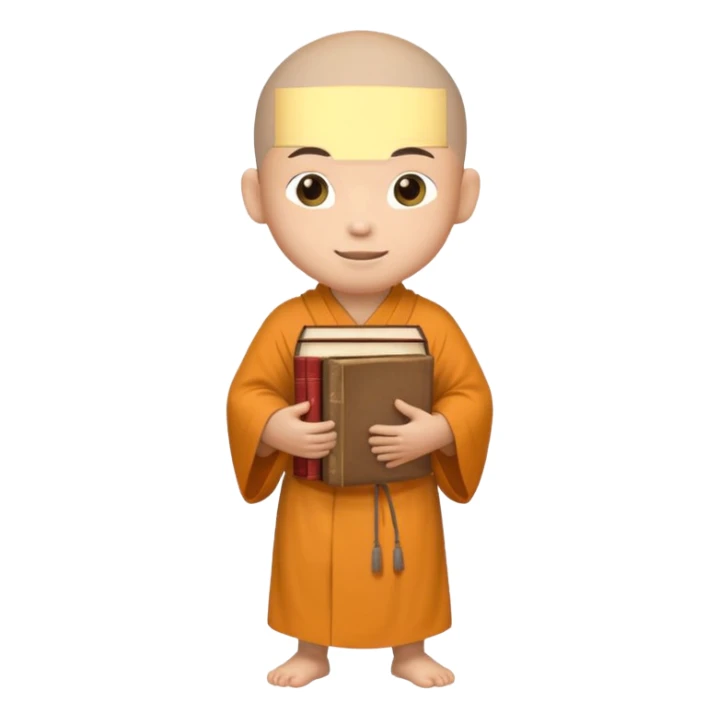 A young monk carrying a stack of ancient books, slightly wobbling but smiling softly.
 sticker