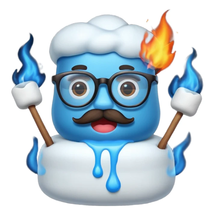 blue marshmallow on fire, surprised with mustache and glassess, just marshmallow sticker