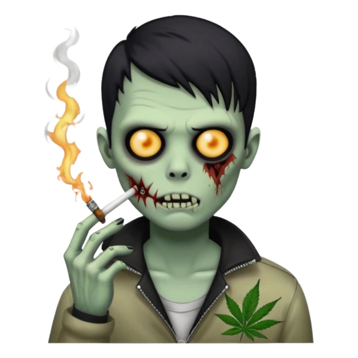 zombie boy with black buzzed hair, emo, dark and spooky, smoking weed sticker