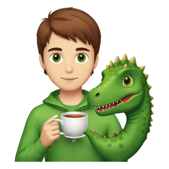 Brown hair guy with green eyes drinking tea in a dinosaur costume sticker