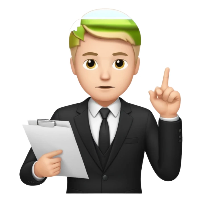 A white man in a black suit stands with a serious face and points at his hand holding papers. sticker