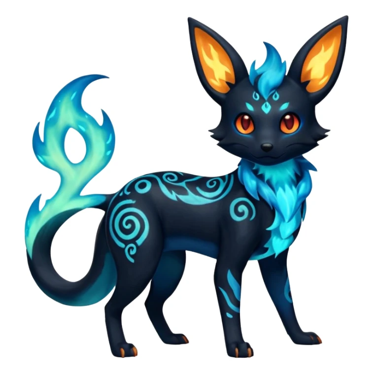 Shiny Fiery Dark Glowing Ethereal Eldritch Cool Edgy Badass Punky Aural Iridescent Fluorescent Bioluminescent Umbreon-Amaura-Salandit-Litten-Flareon-Fakémon-fusion (full body) with intricate pattern markings sticker