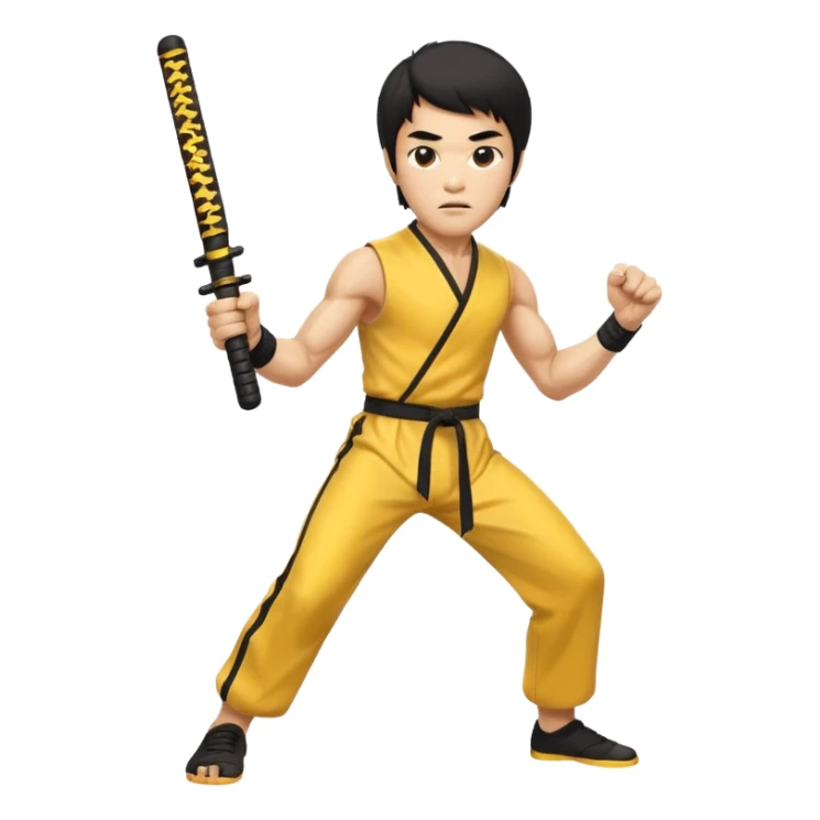 fierce Bruce Lee, nunchaku in hand, aggressive look, yellow jumpsuit sticker
