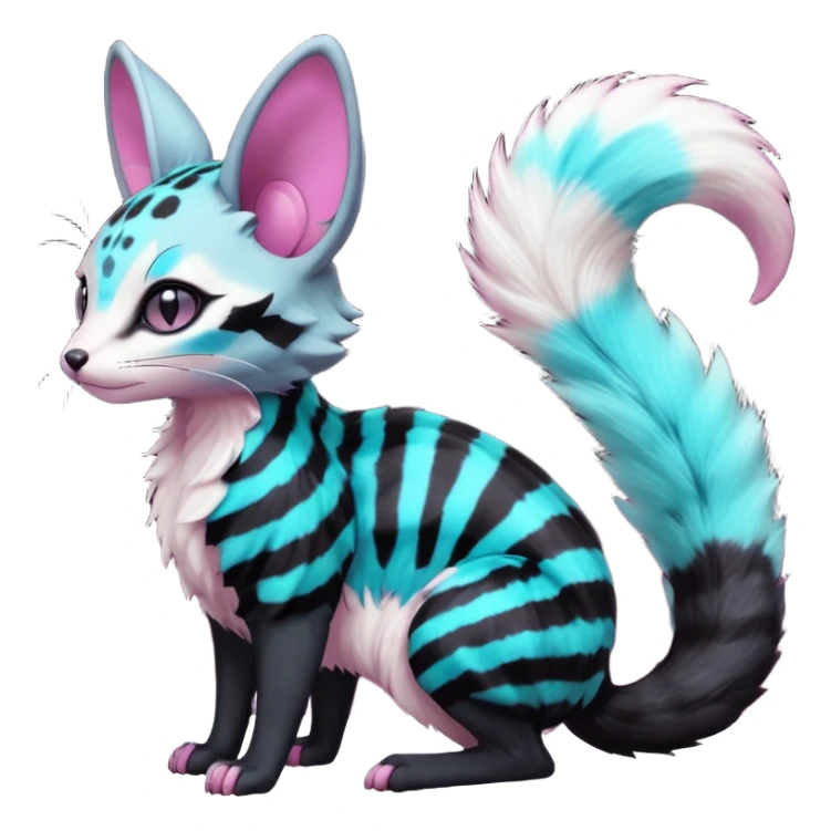 Fantasy Abyssal onyx-obsidian-pitch-Black-coated fur with glowing random cyan and magenta markings divine beautiful elegant pretty precious cute young youthful  Fakémon-Pokémon-alien-opossum-feline-serval-caracal-chinchilla-Minccino-hybrid-creature with a big fluffy bushy striped tail (full body) sticker