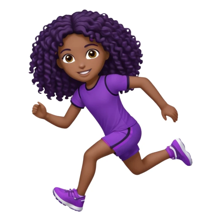 Uma boneca morena escura com olhos castanhos e cabelo cacheado longo preto até o peito, treinando correndo a roupa top roxo com detalhes preto e short roxo com detalhes preto sticker