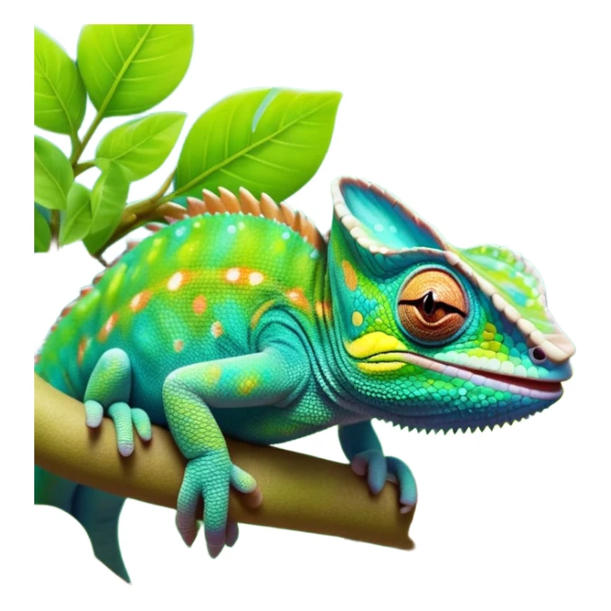 cinematic cute-smiling chameleon-realistic emoji,-blending-with-vibrant-greenery.-detailed-scales-in-shifting-colors,-showing-the-chameleon’s-ability-to-camouflage.-soft-natural-light-highlights-its-texture.-nature-background, zoomed into its face sticker