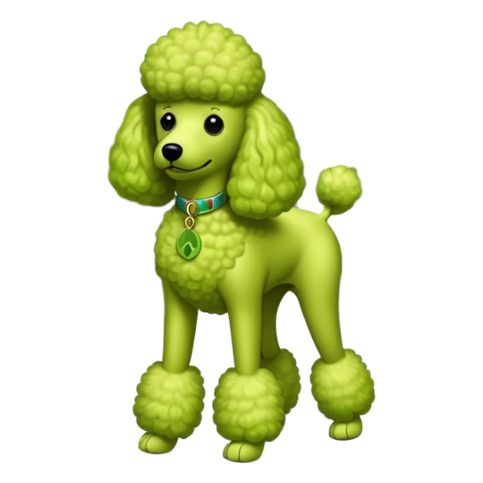 Key lime green poodle standing in front of the Beatles sticker