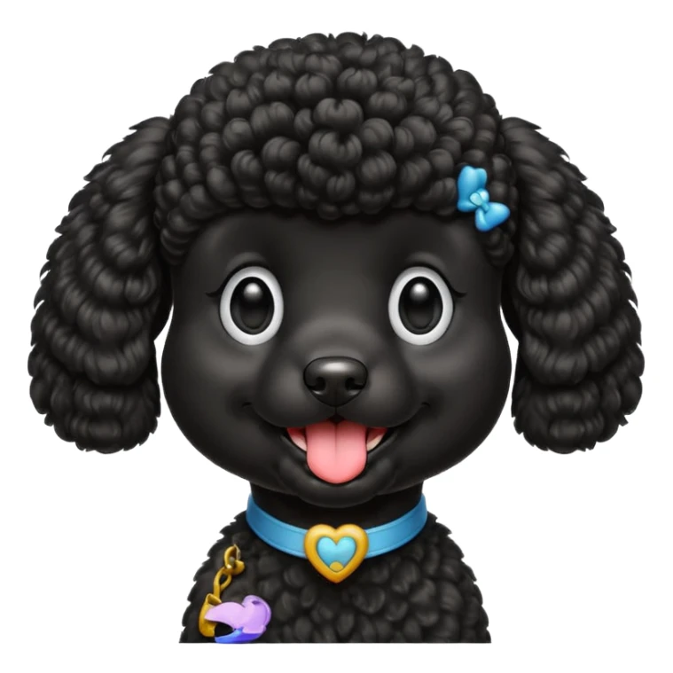 A high-resolution square-format digital illustration of a black poodle in a clean, emoji-inspired semi-realistic style. The poodle is shown from the chest up, facing forward with a slight tilt of the head to the left, tongue out playfully. sticker
