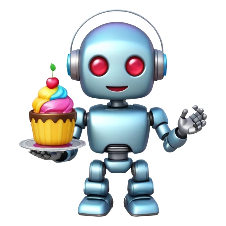 The cute robot is holding dessert in its hands, 3d emoji sticker