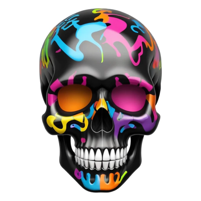 glossy black skull with colorful graffiti designs and fashion logos precisely contained inside the skull contours, three-quarter view sticker