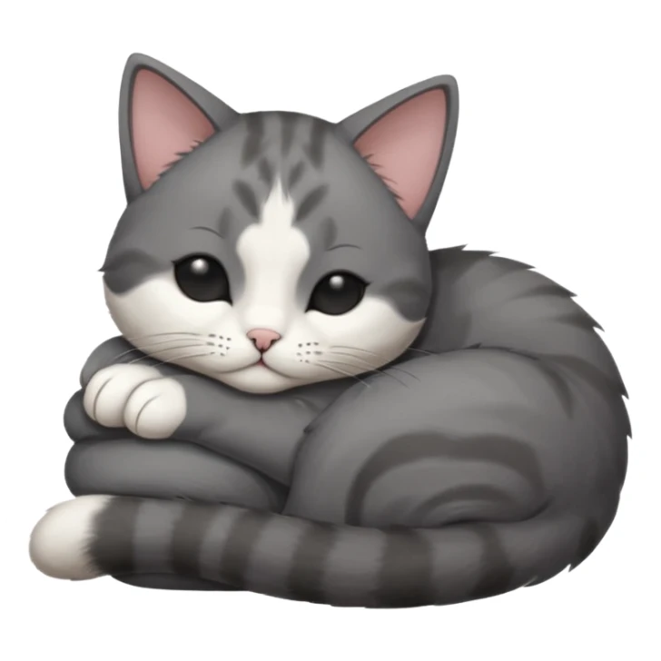 dark grey and white small cat with his eyes closed leaning his head on his paw while leaning on his elbow lying down sticker