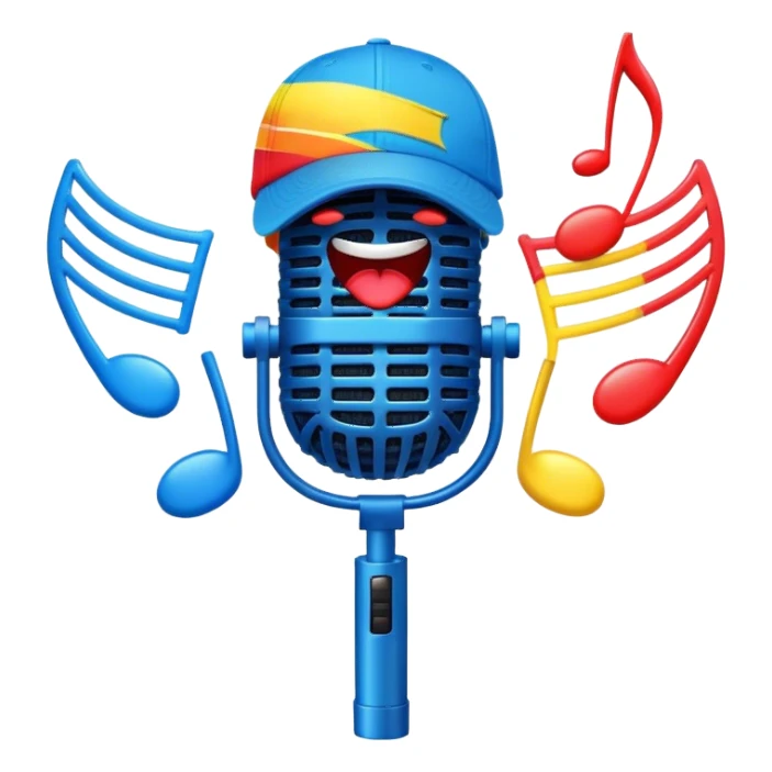 Create a dynamic and energetic emoji that represents beatboxing. The design should feature a microphone with a singing mouth and soundwaves or rhythmic beats emanating from it, symbolizing the vocal percussion and rhythm of beatboxing. Add a cap placed on top of the microphone to reflect street culture and the individuality of the performer. Include musical notes floating around to emphasize the musicality. Use bold, vibrant colors like neon blue, red, and yellow to convey energy and excitement. The background should be transparent. sticker