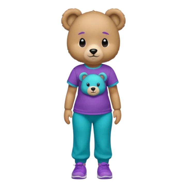 Light brown female teddy bear wearing a bright purple and teal Tshirt with matching joggers that have hbk on the Tshirt  sticker