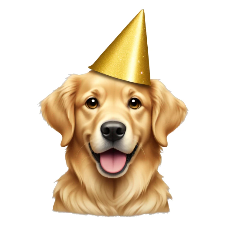 Light color golden retriever wearing a party hat sticker