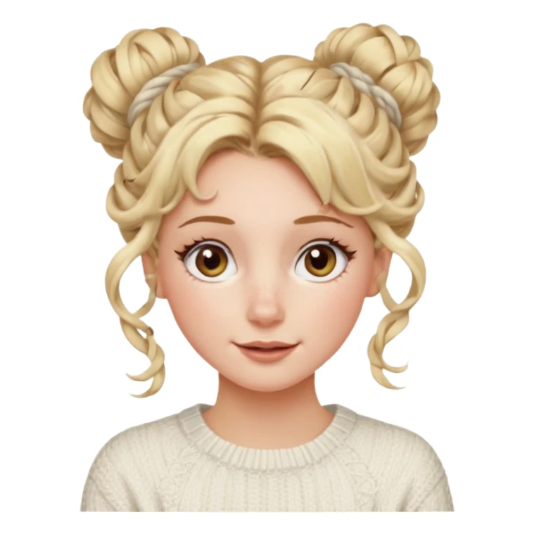 blonde hazel eyes woman with a white cable knit sweater and one curly messy bun with tendrils of hair flowing down her face and she is happy pale, some freckles, blush. she has a cateye wing and long lashes sticker