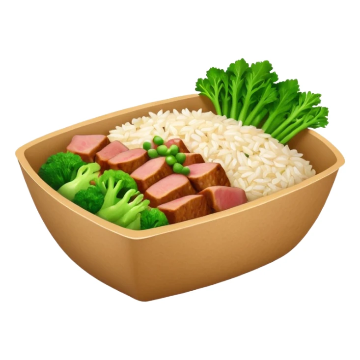 Retangular bowl made of kraft paper, 
The lunch box should be the most similar to this real one..
https://i.postimg.cc/FKcHz1tk/Screenshot-2025-11-11-alle-16-06-29.png

Can get more images of the bowl https://www.instagram.com/chefaporterbr/
Put inside food, like rice, green vegetables and meat. sticker