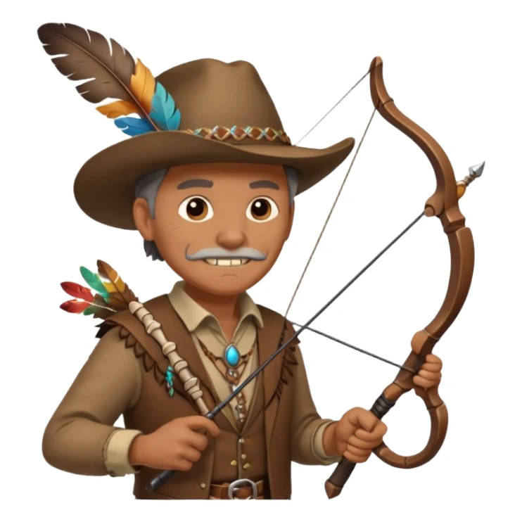 The classic image of a middle-aged uncle hunter carrying a bow, dressed in brown clothes, with some ornaments made of feathers, bones or teeth on his body. sticker