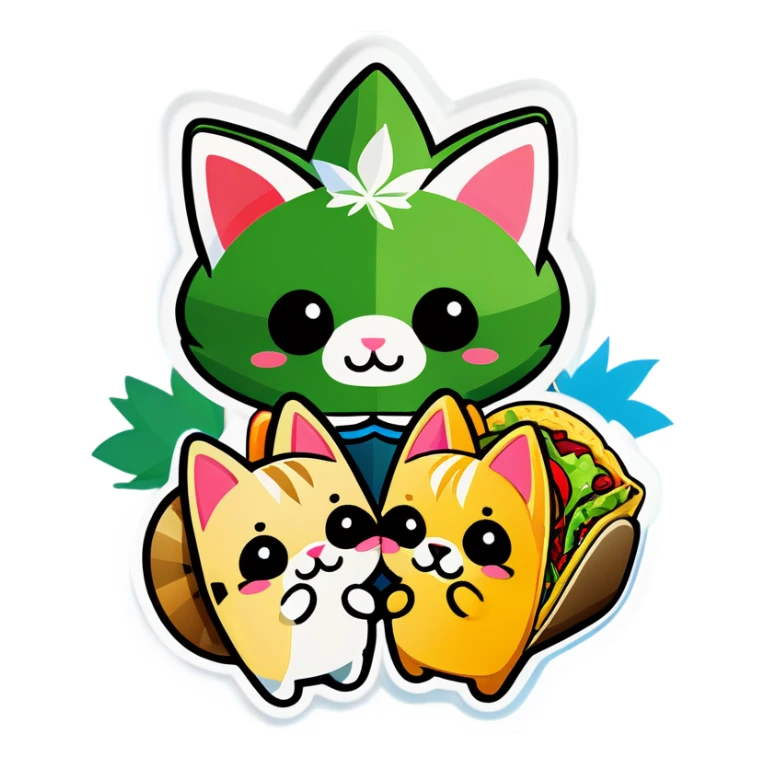 Kawaii Cannabis leaf and kittens eating tacos kawaii style  sticker