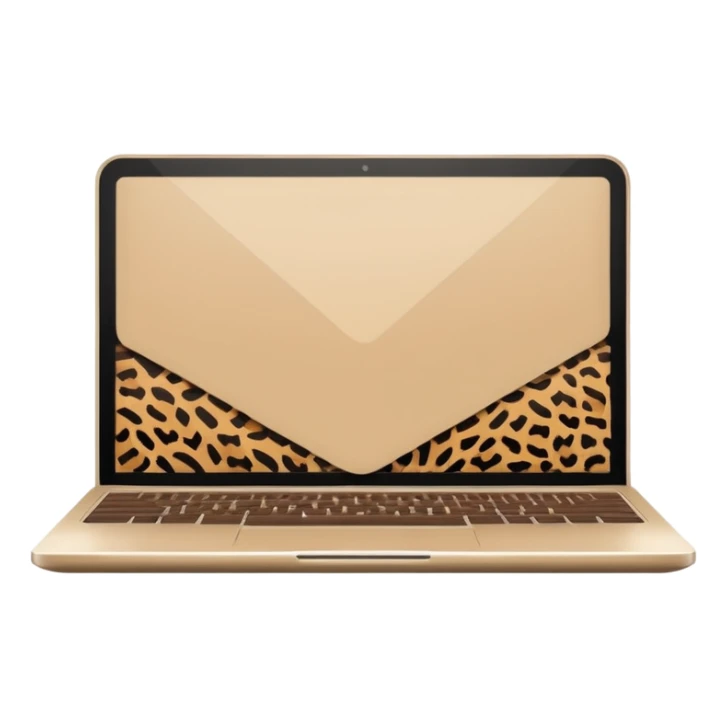 minimal flat emoji of an open laptop with a leopard-print cover, clean vector lines, warm beige and brown tones, modern aesthetic, transparent background, high-quality icon sticker